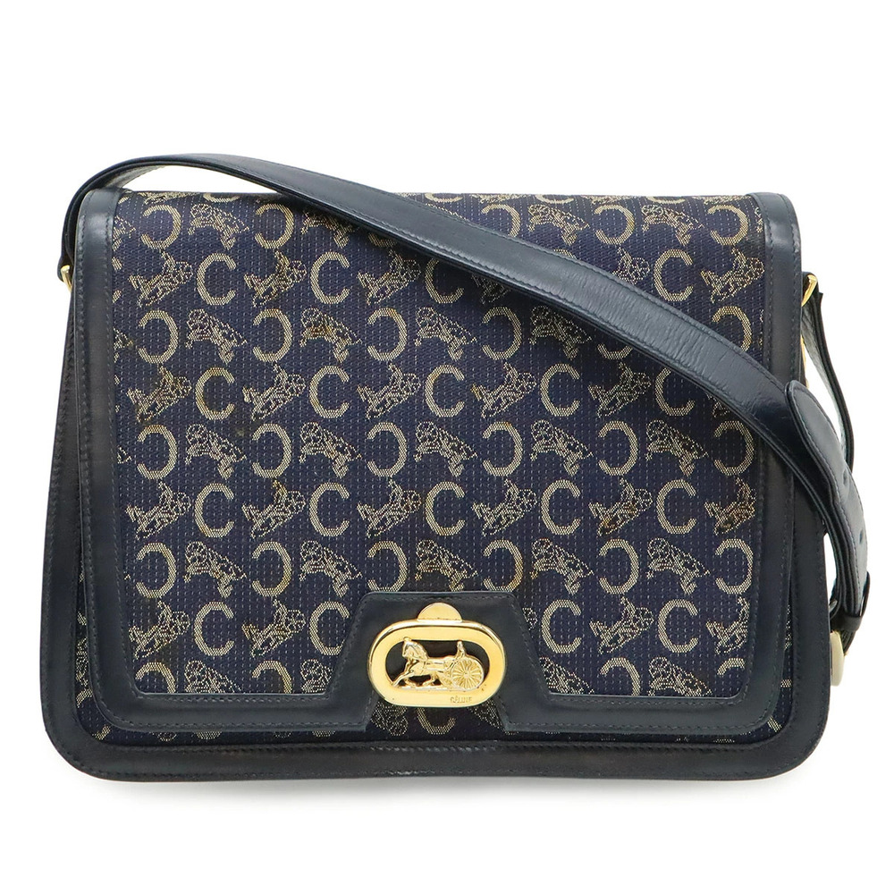 Celine C Macadam Horse Carriage Shoulder Bag Hobo Canvas Leather Navy Blue Gold